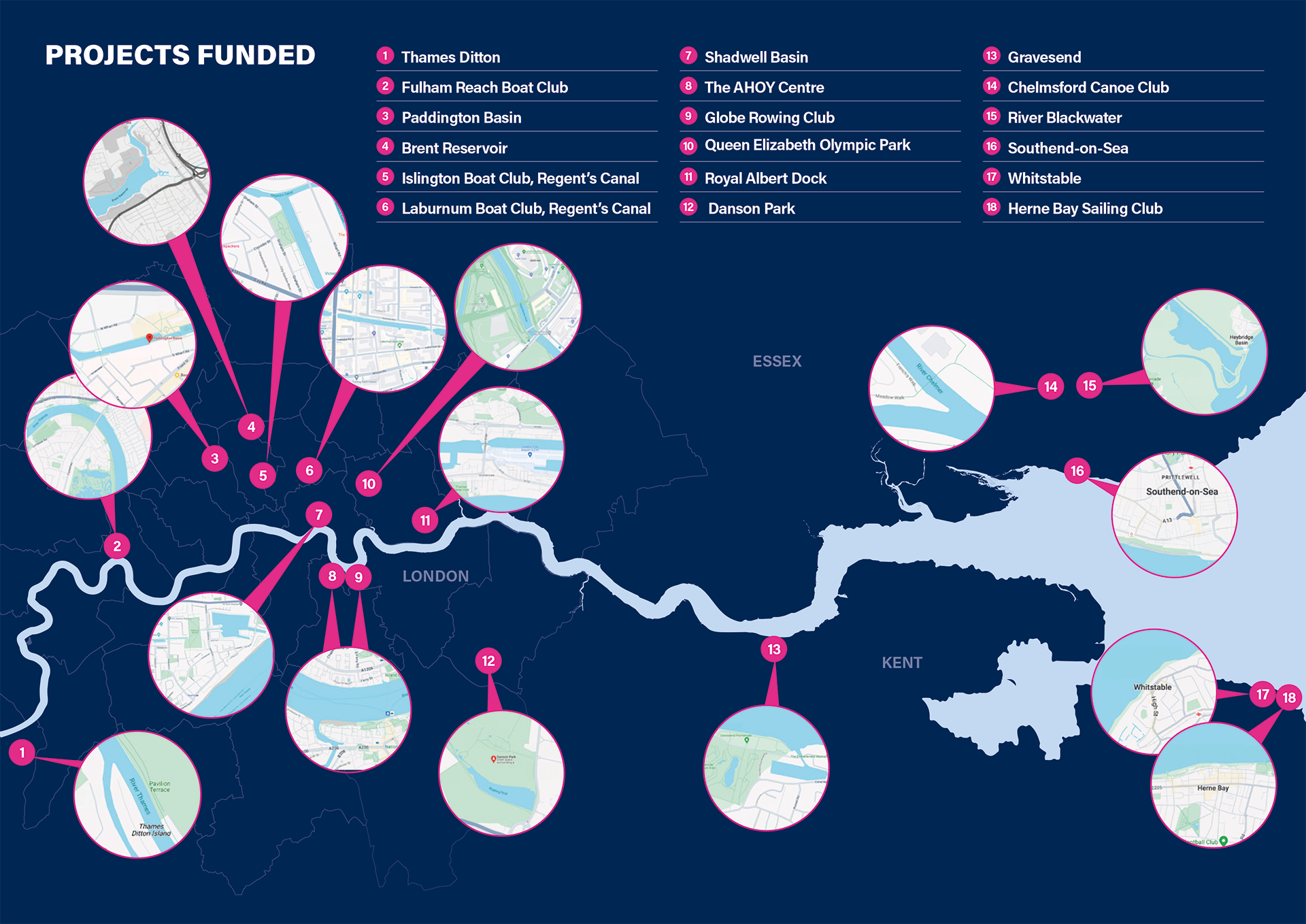 Map showing projects funded