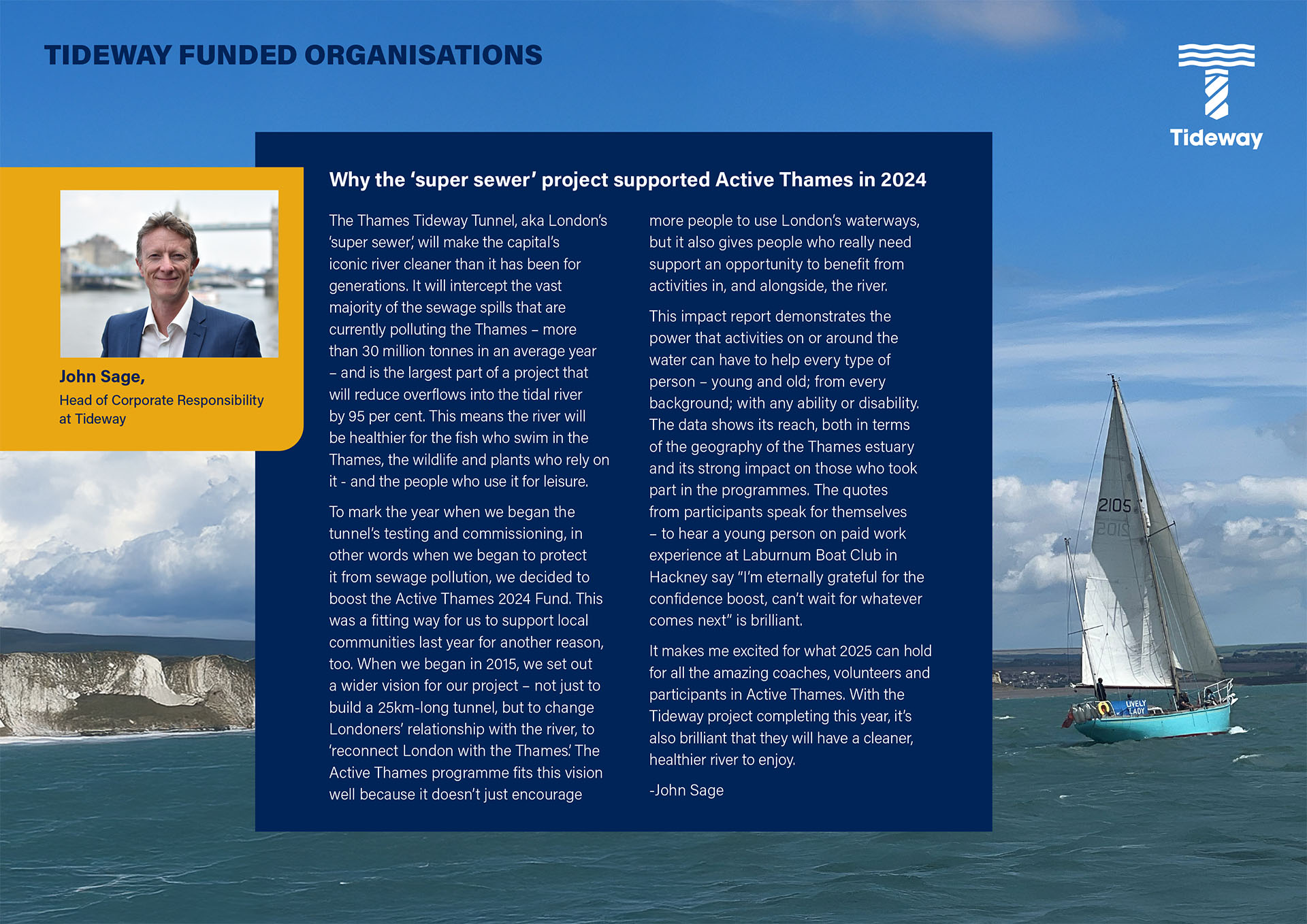 Graphic with description from John Sage on how the super sewer project supported Active Thames in 2024